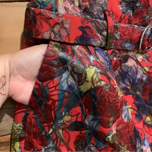 IRO Floral Belted Brocade Jacquard High-Rise Shorts Red/Multi Size 38 (6) Luxury - Picture 7 of 13
